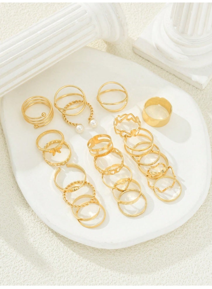 Shein 22-Piece Gold Ring Set for Women – Heart, Butterfly, Flower, Faux Pearl & Geometric Elegant Designs