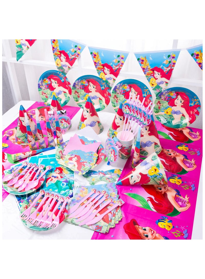ريمي بيلا 180 قطعة لوازم حفلات اعياد الميلاد بتصميم  ميرميد، مجموعة ادوات مائدة الكل في واحد تتضمن اطباق واكواب ومناديل ولافتة وما الى ذلك، لوازم حفلات بطابع ميرميد للبنات - Image 1