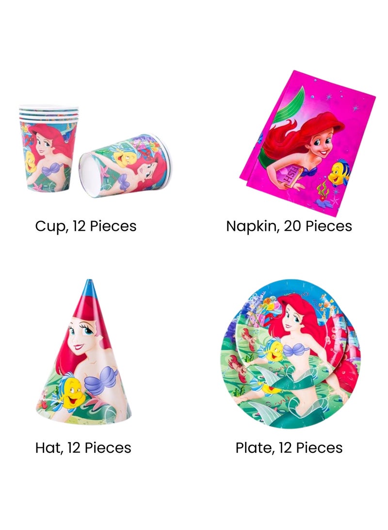ريمي بيلا 180 قطعة لوازم حفلات اعياد الميلاد بتصميم  ميرميد، مجموعة ادوات مائدة الكل في واحد تتضمن اطباق واكواب ومناديل ولافتة وما الى ذلك، لوازم حفلات بطابع ميرميد للبنات - Image 2