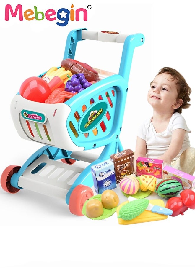 MEBEGIN - Kids Shopping Cart Trolley Play Set Toy with Pretend Food and Accessories,Perfect for Age 3+ Pretend Play and Role-Playing Game,Grocery Food Fruit Vegetables Shop Accessories Play Food Educational Toy - Image 1