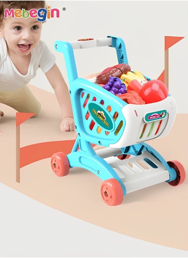 MEBEGIN - Kids Shopping Cart Trolley Play Set Toy with Pretend Food and Accessories,Perfect for Age 3+ Pretend Play and Role-Playing Game,Grocery Food Fruit Vegetables Shop Accessories Play Food Educational Toy - Image 1