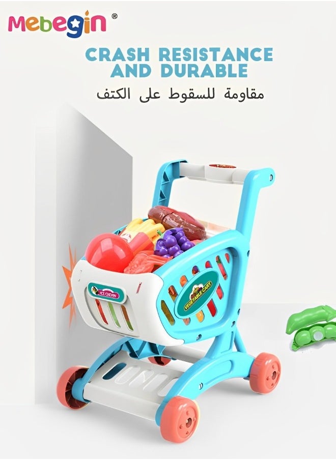 MEBEGIN - Kids Shopping Cart Trolley Play Set Toy with Pretend Food and Accessories,Perfect for Age 3+ Pretend Play and Role-Playing Game,Grocery Food Fruit Vegetables Shop Accessories Play Food Educational Toy - Image 1