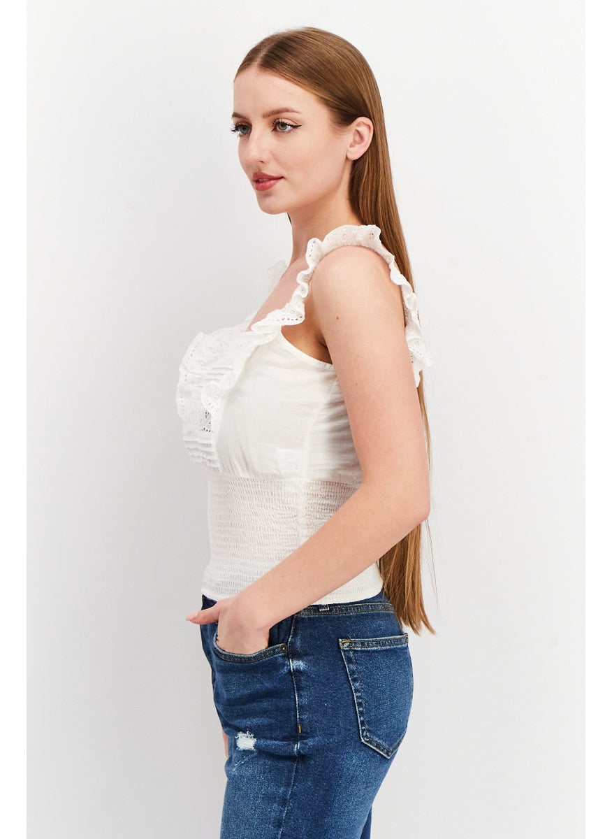 ONLY Women Square Neck Sleeveless Eyelet Tank Top, White  - Image 4