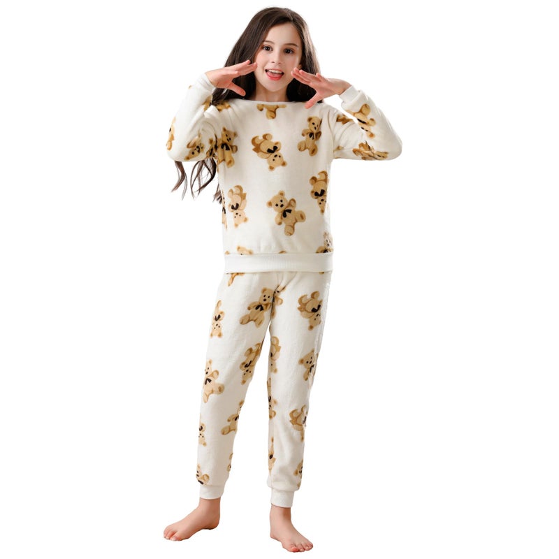 V.&GRIN Girls Fleece Pajamas, Soft Cozy Pullover Sweatshirt Pants Set for Kids 7-16 Years(Little Bear 10-12) - Image 1