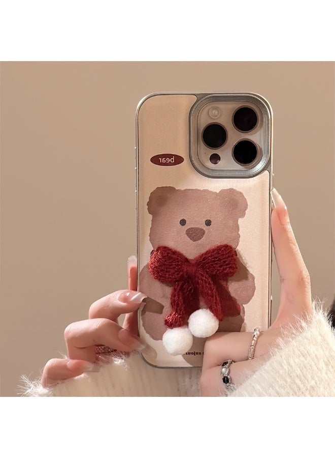 NIBEMINENT Brown Bear Plush Red Tie Protective TPU Case Cover For iPhone 15 Pro Max, Matte Silver