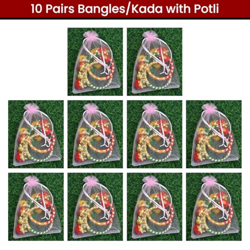 Saugat Traders Handmade Gota Patti Bangles with Hangings Return Gift for Women for Pooja Varalakshmi Vratham, Wedding, Haldi Ceremony, Mehndi Function, Bridal Shower Gifting Potli Bags (10 Pairs) - Image 2