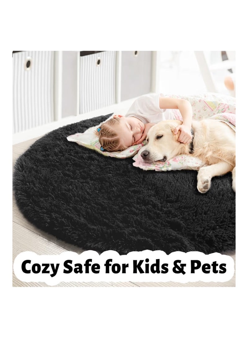 Amdrebio Black Round Rug for Bedroom,Fluffy Circle Rug 1.2mX1.2m for Kids Room,Furry Carpet for Teen's Room,Shaggy Throw Rug for Nursery Room,Fuzzy Plush Rug for Dorm,Black Carpet,cute room decor for baby - Image 4
