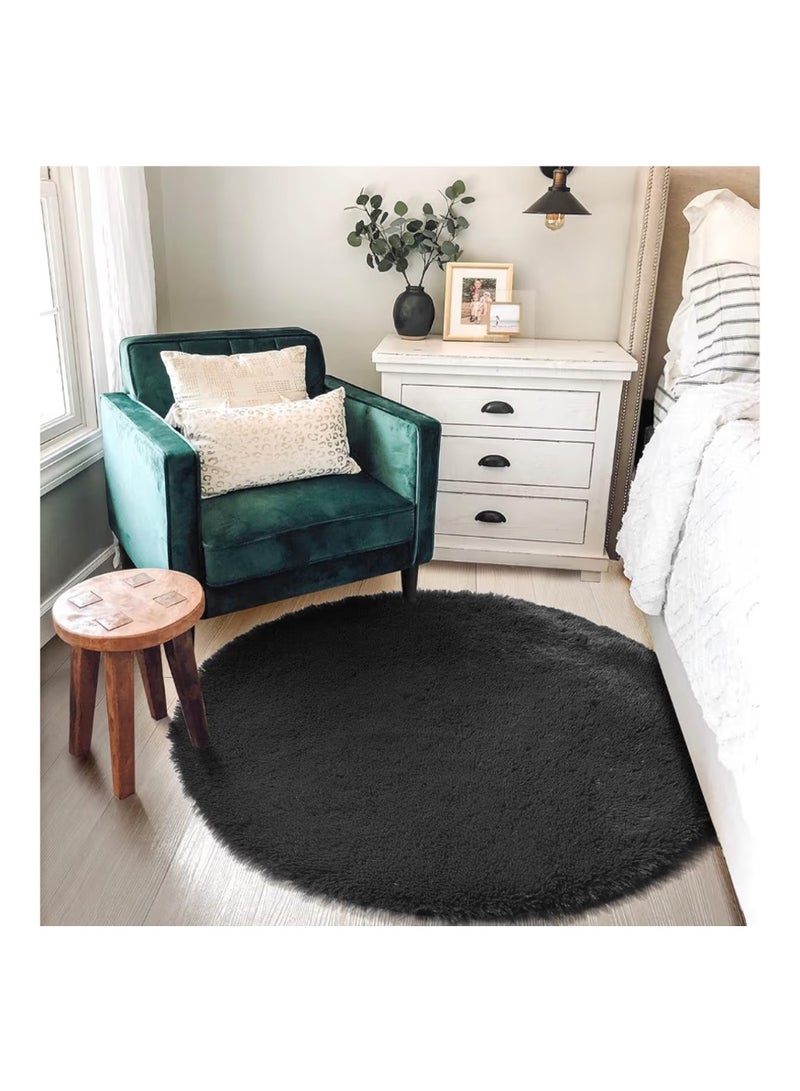 Amdrebio Black Round Rug for Bedroom,Fluffy Circle Rug 1.2mX1.2m for Kids Room,Furry Carpet for Teen's Room,Shaggy Throw Rug for Nursery Room,Fuzzy Plush Rug for Dorm,Black Carpet,cute room decor for baby - Image 3