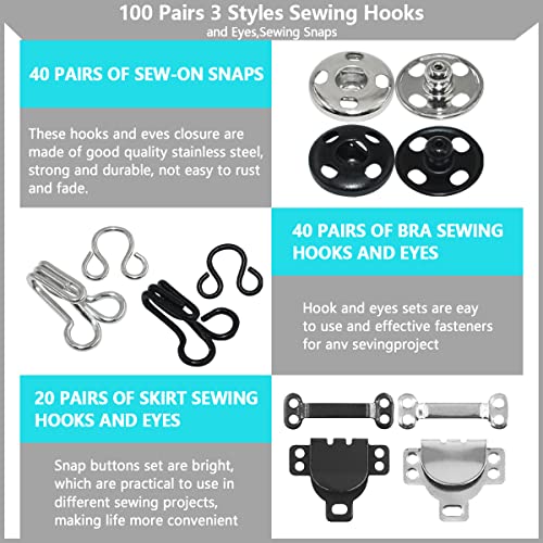 Renashed 100 Pairs 3 Styles Skirt Hooks and Eyes Hook Closures, Sewing Snaps Fasteners Press Studs Clothing Fixing Hook Sewing Hook and Eye Latch or Skirt Dress Bra Sewing DIY Crafting - Image 2