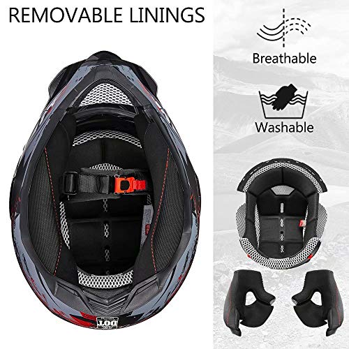 ILM خوذة دراجة نارية على الطرق الوعرة ILM رياضية مزدوجة كاملة الوجه مع واقي شمس للدراجات الترابية ATV موتوكروس طراز 606V (رمادي أحمر، L) - Image 3