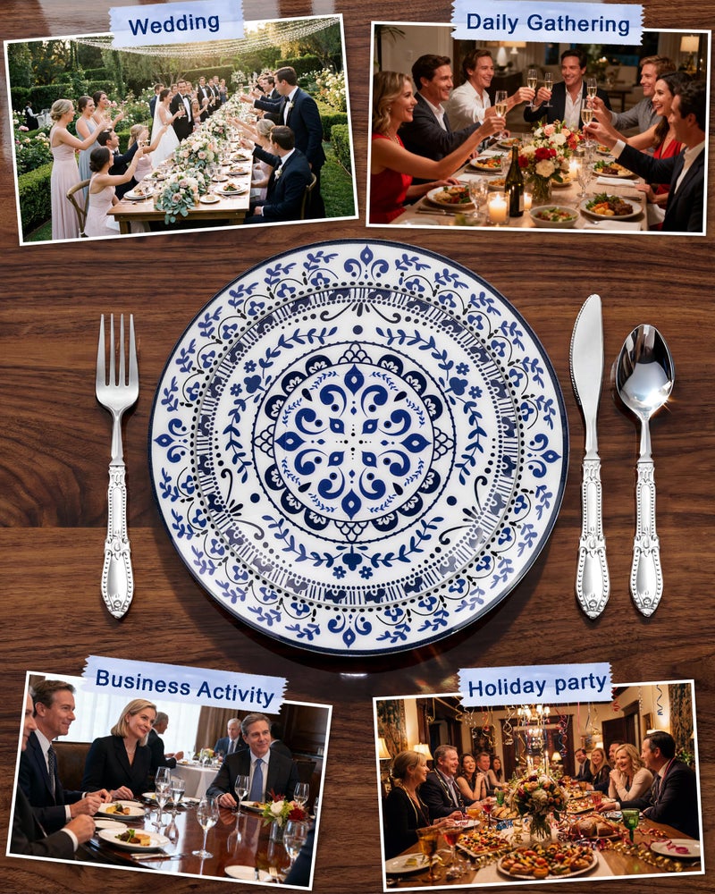 Hioasis 60pcs Blue Plastic Plates Set - Floral Blue & White Porcelain Design, 10.25" Dinner & 7.5" Dessert Plates Disposable for Wedding (Dishwasher Safe, Traditional Style) - Image 5