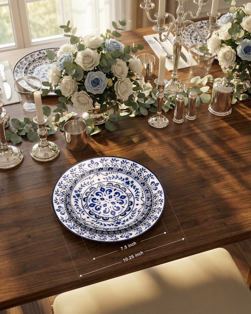 Hioasis 60pcs Blue Plastic Plates Set - Floral Blue & White Porcelain Design, 10.25" Dinner & 7.5" Dessert Plates Disposable for Wedding (Dishwasher Safe, Traditional Style) - Image 3