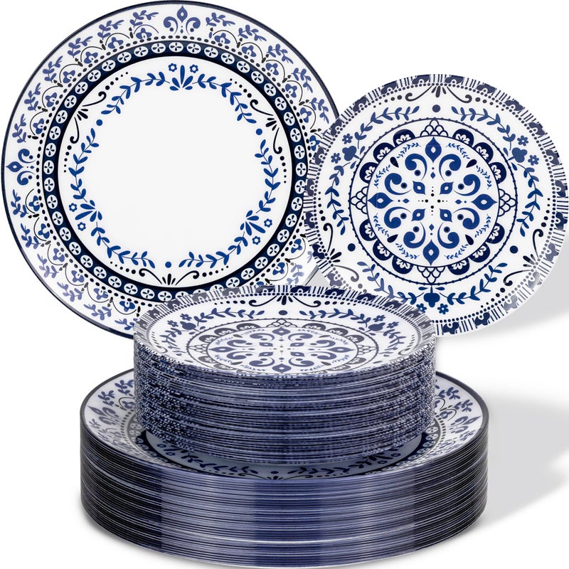 Hioasis 60pcs Blue Plastic Plates Set - Floral Blue & White Porcelain Design, 10.25" Dinner & 7.5" Dessert Plates Disposable for Wedding (Dishwasher Safe, Traditional Style) - Image 1