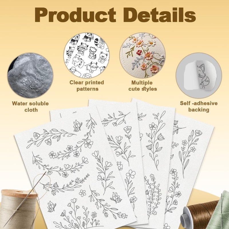 DOODLREAM 29Pcs Flower Vine Embroidery Pattern Stabilizer, 8.3"x11.7" Wildflowers Water Soluble Stick and Stitch Embroidery Sticker, 4 Sheets Floral Border Hand Sewing DIY Embroidery Paper - Image 3