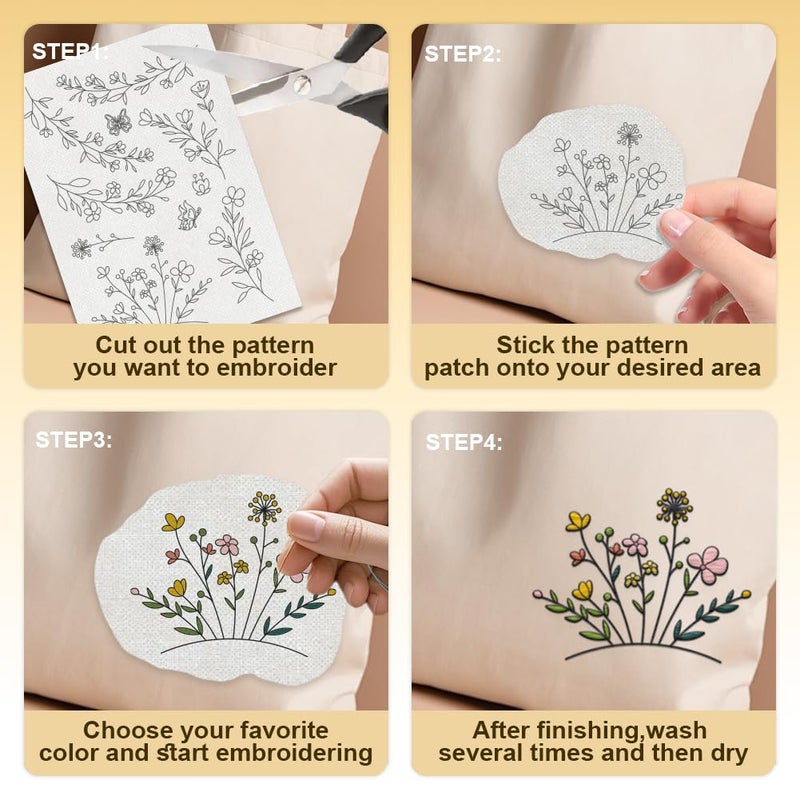 DOODLREAM 29Pcs Flower Vine Embroidery Pattern Stabilizer, 8.3"x11.7" Wildflowers Water Soluble Stick and Stitch Embroidery Sticker, 4 Sheets Floral Border Hand Sewing DIY Embroidery Paper - Image 4