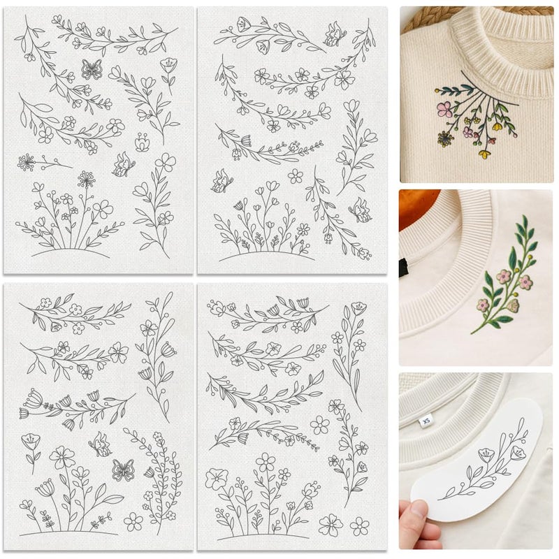 DOODLREAM 29Pcs Flower Vine Embroidery Pattern Stabilizer, 8.3"x11.7" Wildflowers Water Soluble Stick and Stitch Embroidery Sticker, 4 Sheets Floral Border Hand Sewing DIY Embroidery Paper - Image 1