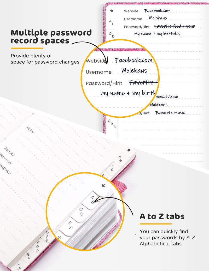 molekaus Password Book with tabs Password Keeper with Extra Password Space to Change Password. Medium Size Password Notebook for Home or Office for Internet Log In, 5.3 * 7.7in pink - Image 5