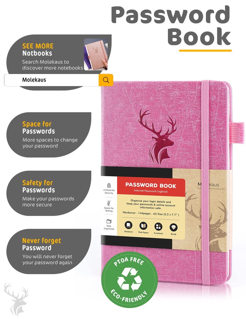 molekaus Password Book with tabs Password Keeper with Extra Password Space to Change Password. Medium Size Password Notebook for Home or Office for Internet Log In, 5.3 * 7.7in pink - Image 2
