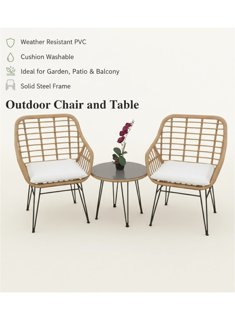 3-Piece Outdoor Balcony Furniture Set – Rattan Bistro Chairs with Cushions and Round Coffee Table | Garden Patio Set for Balcony, Terrace, or Cafe - Image 1