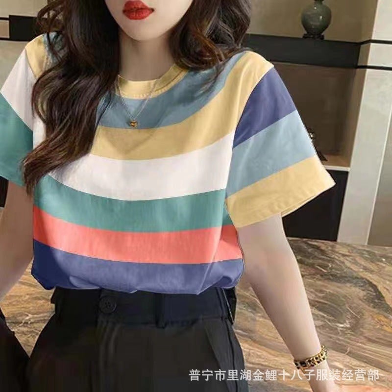 تي شيرت قصير الأكمام مخطط للنساء صيف جديد بياقة دائرية تصميم نحيف تي شيرت مريح بحجم كبير ملابس علوية تناسب جميع الأذواق [قطعة واحدة]