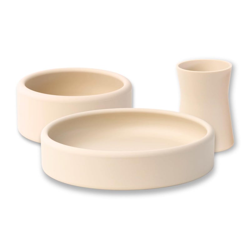 APLAINR Silicone Plate Bowl  Cup Set for Babies and Toddlers Weighted Baby Feeding Set Baby Led Weaning Supplies Set of 3 Oat Cream - Image 1