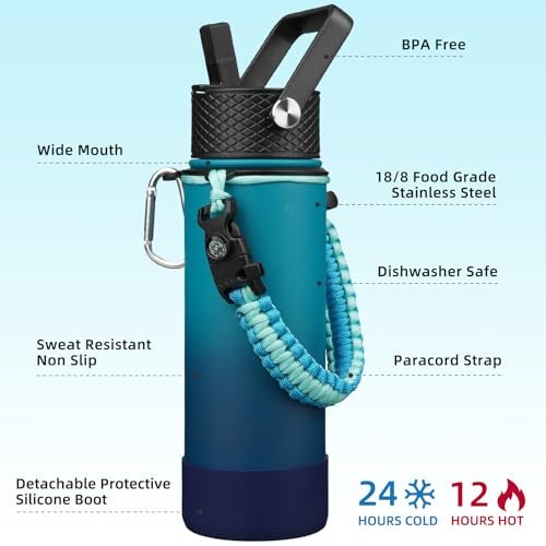 BJPKPK Insulated Water Bottle with Straw Lid 22oz Thermal Flasks Water Bottles with 3 Lids Paracord Handle Nonslip Boot BPA Free Leak Proof Stainless Steel TumblersVast - Image 3