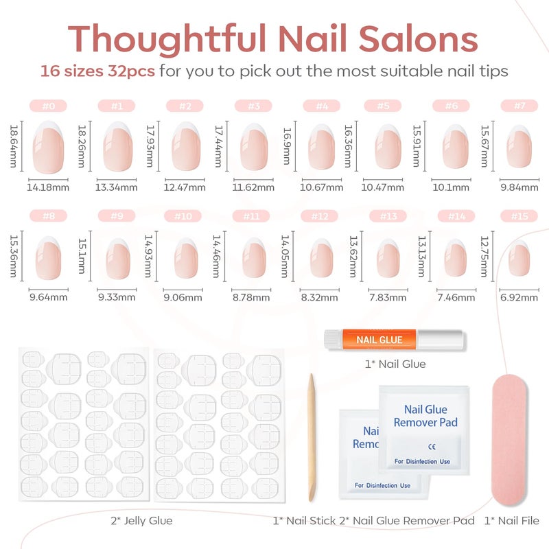 modelones French Tip Press On Nails, Short Oval Fake Nails Press Ons with Nail Glue, Adhesive Tabs, Nail File, Prep Pad, Manicure Stick, 32Pcs 16 Sizes, Nude, Spring Women Girl Gift - Image 4