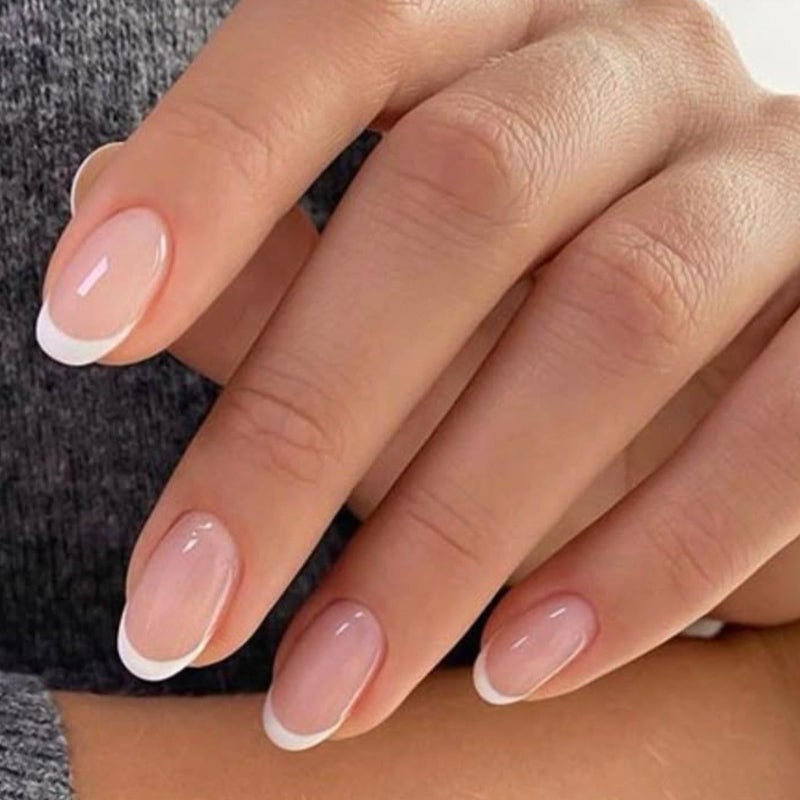modelones French Tip Press On Nails, Short Oval Fake Nails Press Ons with Nail Glue, Adhesive Tabs, Nail File, Prep Pad, Manicure Stick, 32Pcs 16 Sizes, Nude, Spring Women Girl Gift - Image 1