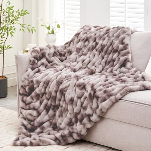 VFROO Ultra Soft Luxury Faux Fur Throw Blanket for Counch,Fuzzy Fluffy Plush Warm Cozy Elegant Wrinkled Blanket for Sofa Bedroom Living Room,（50"x60",Tie-dye Taupe） - Image 1