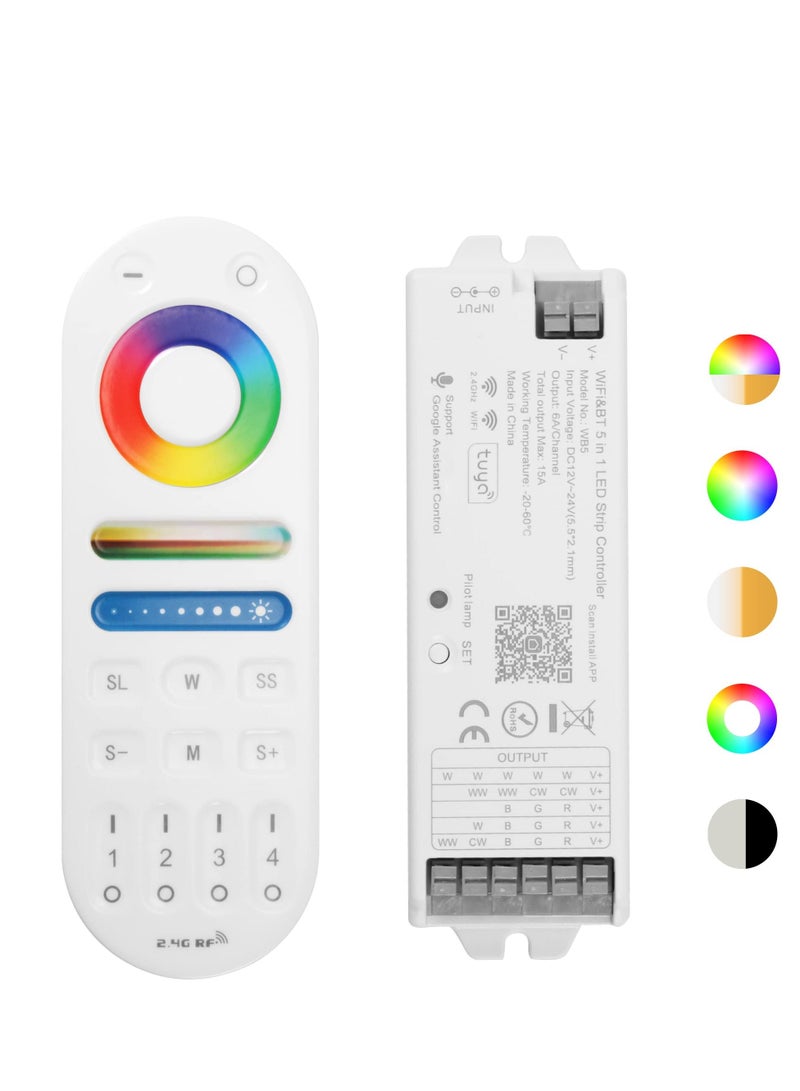RS Series RGB CCT LED Controller Kit (R1+S1), R1 2.4G RF Wireless Remote Control + DC12-24V 5-in-1 WiFi & Bluetooth Controller 180W-360W - Image 1