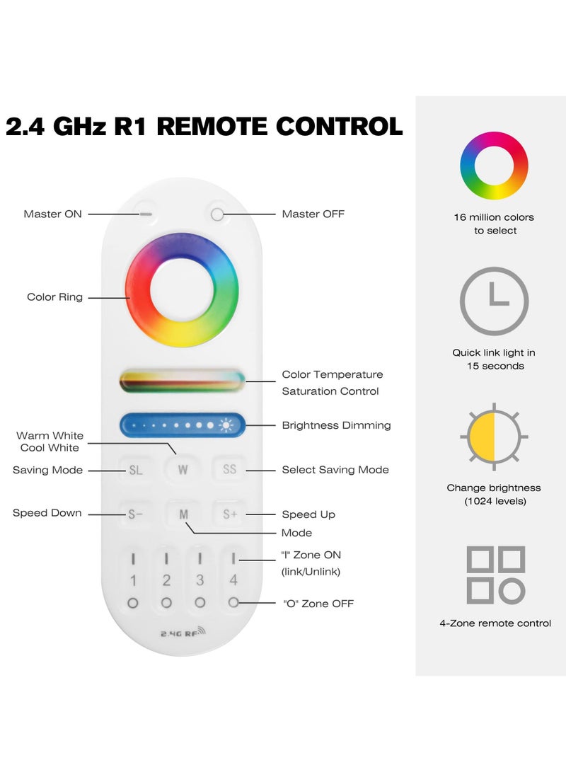 RS Series RGB CCT LED Controller Kit (R1+S1), R1 2.4G RF Wireless Remote Control + DC12-24V 5-in-1 WiFi & Bluetooth Controller 180W-360W - Image 4