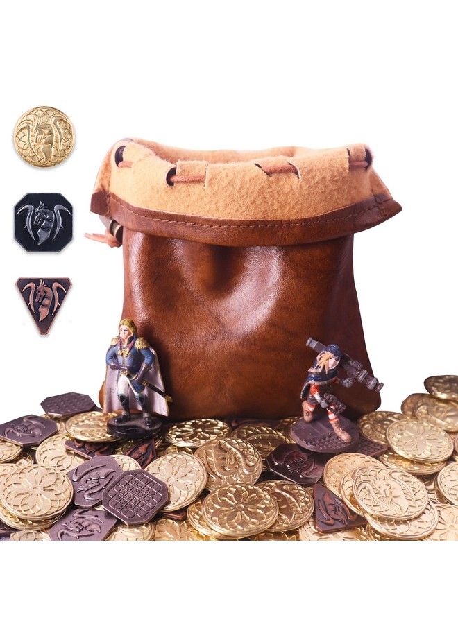 Byhoo 70Pcs Metal Dnd Coins & Pu Leather Bag Contains 30 Gold Coins 20 Sliver Coins And 20 Copper Coins Fantasy Coins For Board Game Game Token With Retro Leather Pouch Medieval Game Retro Props  - Image 2
