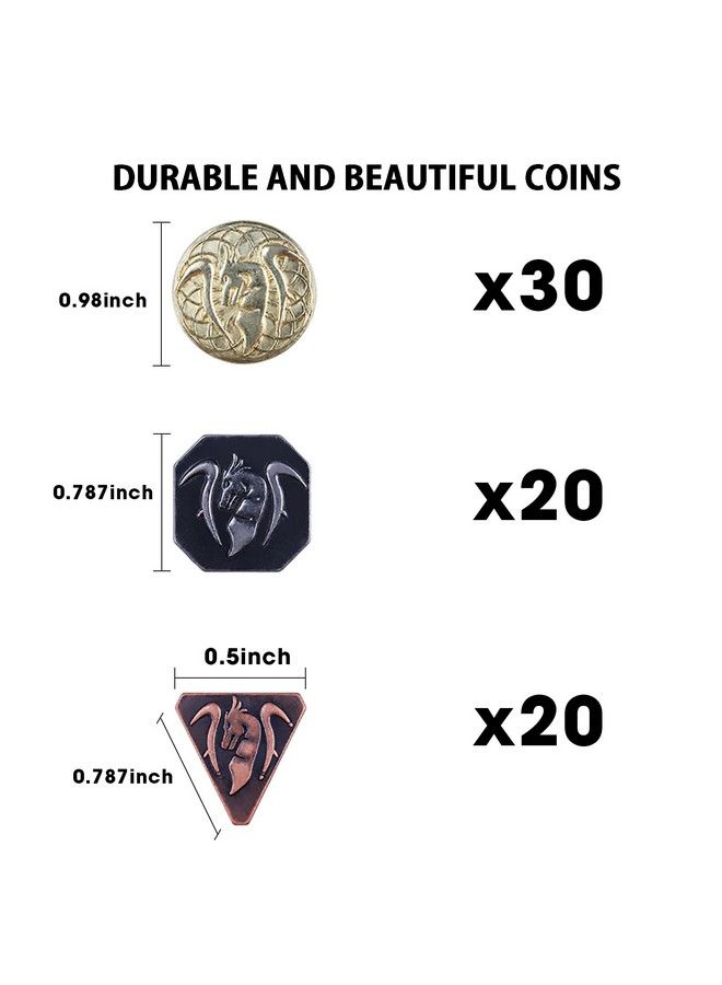 Byhoo 70Pcs Metal Dnd Coins & Pu Leather Bag Contains 30 Gold Coins 20 Sliver Coins And 20 Copper Coins Fantasy Coins For Board Game Game Token With Retro Leather Pouch Medieval Game Retro Props  - Image 3