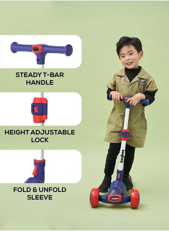 BAYBEE - Enzo Skate Scooter For Kids 3 Wheel Kids Scooter With Foldable 4 Height Adjustable Handle Baby Scooter With Led Wheels Smart Kick Scooter For Baby Children 3 To 12 Years Boys Girls Blue - Image 1