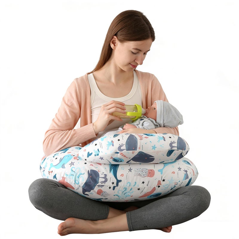 BABYLIAN Nursing Pillow for Breastfeeding,Ergonomic Baby Feeding Pillows with Removable Washable Cotton Slipcover, Adjustable Waist Strap,Plus Size,More Support for Mom and Baby(Underwater World) æ–°å“ - Image 1