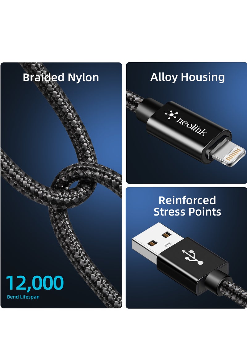 neolink neolink 2 Meter Heavy Duty Nylon Braided 20W 2.4A Type A to Lightning 480Mbps High-Speed Data Transfer Cable, RoHS Certified Fast Charging Cords Compatible with iPhones/Airpods/Car Chargers - Black  - Image 2