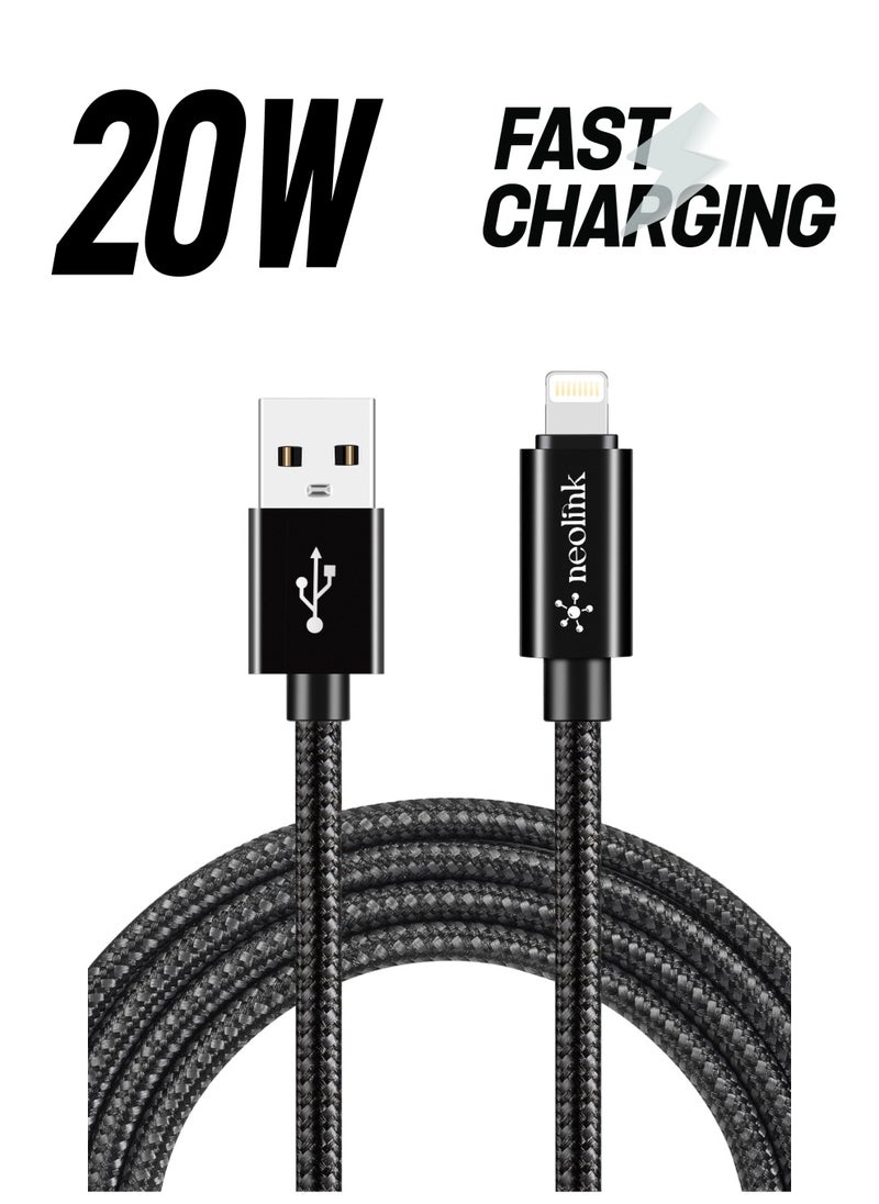 neolink neolink 2 Meter Heavy Duty Nylon Braided 20W 2.4A Type A to Lightning 480Mbps High-Speed Data Transfer Cable, RoHS Certified Fast Charging Cords Compatible with iPhones/Airpods/Car Chargers - Black  - Image 1