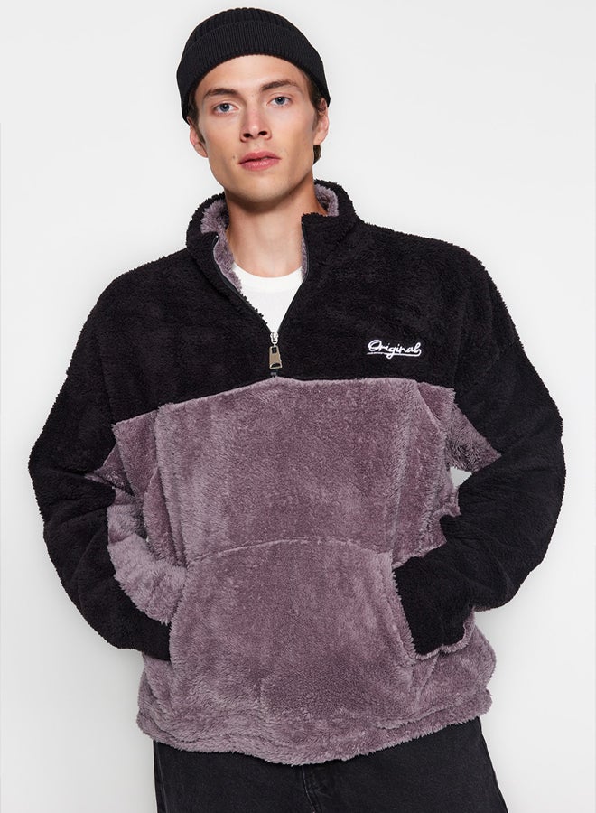 trendyol Black and Grey Unisex Oversize/Wide Cut Color Block Warm Plush Sweatshirt - Image 2