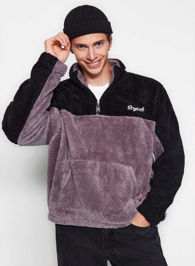 trendyol Black and Grey Unisex Oversize/Wide Cut Color Block Warm Plush Sweatshirt - Image 3