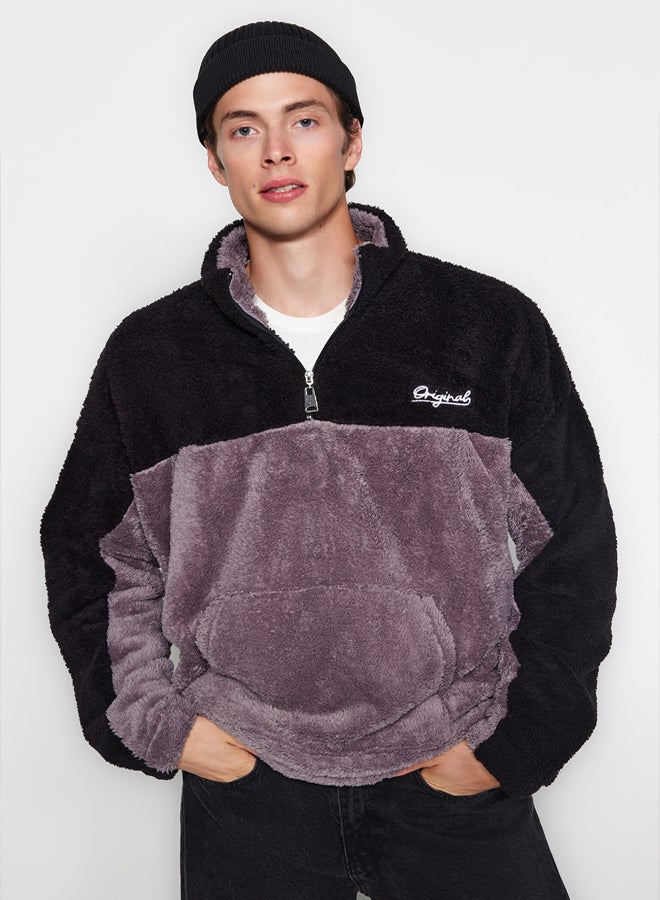 trendyol Black and Grey Unisex Oversize/Wide Cut Color Block Warm Plush Sweatshirt - Image 4