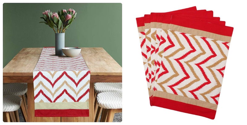 Dekor World Chevron Printed Red Cotton Table Runner with 6 Pcs Place Mat (33x180cm/33x47cm) (Pack of 7 Piece)-6 Seater Dinning & Center Table - Image 1