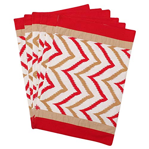 Dekor World Chevron Printed Red Cotton Table Runner with 6 Pcs Place Mat (33x180cm/33x47cm) (Pack of 7 Piece)-6 Seater Dinning & Center Table - Image 2