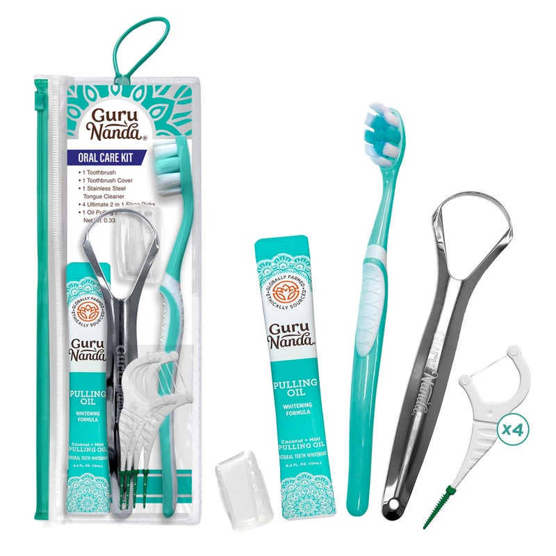 GuruNanda Travel-Friendly Oral Care Kit- 1 Butter on Gums Toothbrush, 1 Tongue Scraper, 4 Dual-Action Floss Picks, 1 Coconut & Mint Oil Pulling Sachet - Image 1