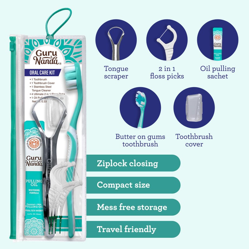 GuruNanda Travel-Friendly Oral Care Kit- 1 Butter on Gums Toothbrush, 1 Tongue Scraper, 4 Dual-Action Floss Picks, 1 Coconut & Mint Oil Pulling Sachet - Image 2