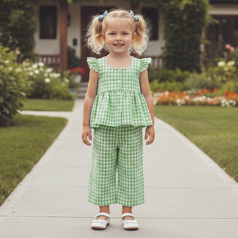 Thorn Tree Girls Summer Outfits Ruffle Sleeve Button Up Dress Tops Plaid Linen Pants Spring Toddler Girl Clothes (Green, 18-24 Months) - Image 2