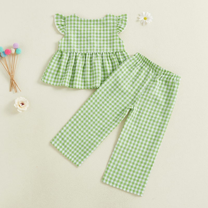 Thorn Tree Girls Summer Outfits Ruffle Sleeve Button Up Dress Tops Plaid Linen Pants Spring Toddler Girl Clothes (Green, 18-24 Months) - Image 4