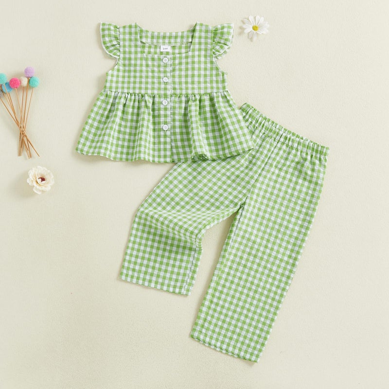Thorn Tree Girls Summer Outfits Ruffle Sleeve Button Up Dress Tops Plaid Linen Pants Spring Toddler Girl Clothes (Green, 18-24 Months) - Image 3