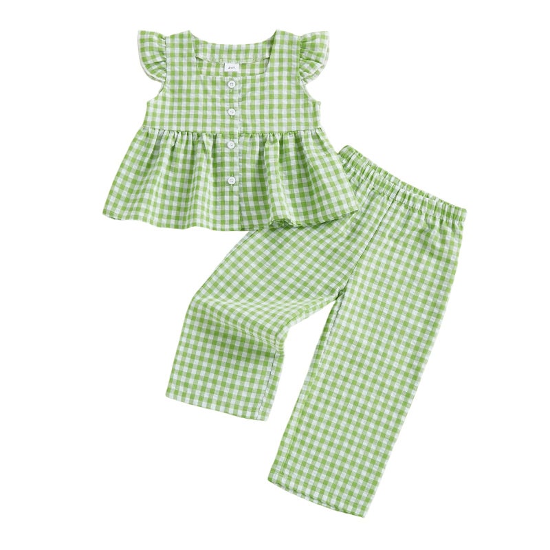 Thorn Tree Girls Summer Outfits Ruffle Sleeve Button Up Dress Tops Plaid Linen Pants Spring Toddler Girl Clothes (Green, 18-24 Months) - Image 1