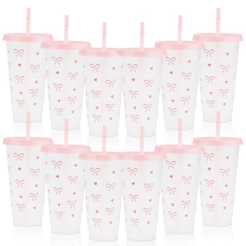 Pinsit 12Pcs 24 oz Pink Bow Plastic Cups with Straw and Lid Reusable Coquette Bow Tie Cold Cups for Wedding Baby Shower Birthday Party Decor - Image 1
