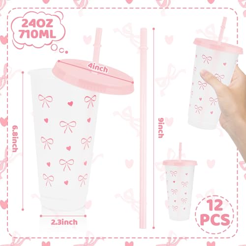 Pinsit 12Pcs 24 oz Pink Bow Plastic Cups with Straw and Lid Reusable Coquette Bow Tie Cold Cups for Wedding Baby Shower Birthday Party Decor - Image 3
